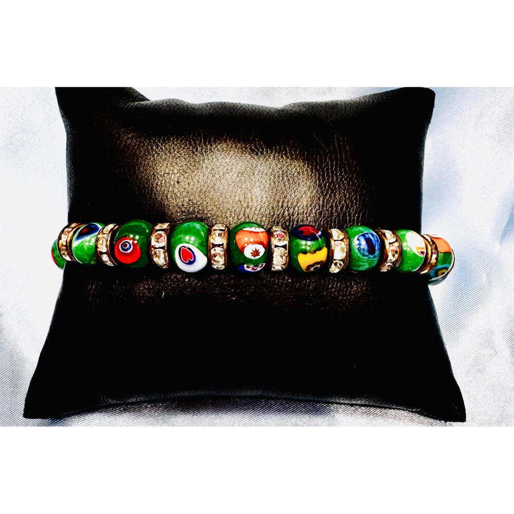 Murano Dark Green with Multiple Colors and Rhinestone Crystal Expanding Bracelet